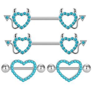 14G 316L Silver & Turquoise Cubic Zirconia Devil & Hearts Nipplerings Set of 2